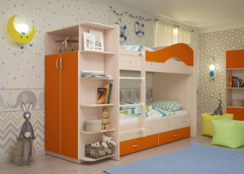 Кровать Мая двухъярусная с ящиками и шкафом Млечный дуб/Оранжевый в Поваренке - povarenka.mebel54.com | фото