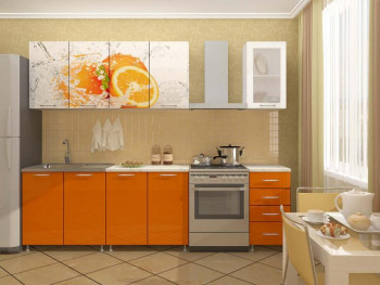 Кухонный гарнитур 1,6м Апельсин (Белый/Оранжевый металлик/Фотопечать апельсин) в Поваренке - povarenka.mebel54.com | фото