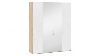 Шкаф комбинированный с 2 глухими и 2 зеркальными дверями «Эмбер» Яблоня Беллуно/Белый глянец в Поваренке - povarenka.mebel54.com | фото